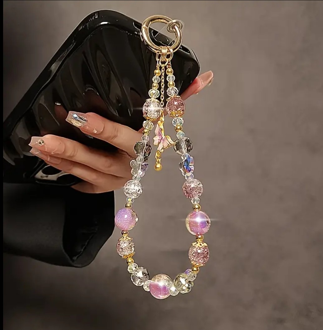 Luxury Pink Butterfly Sparkly Crystal Beaded Phone Wrist Strap Golden Accents