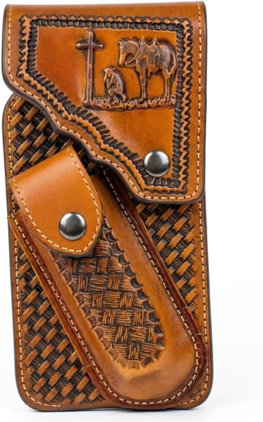 7″ COWBOY PRAYER KNIFE POUCH CELL PHONE CASE HOLSTER LEATHER UNIVERSAL #EH13245