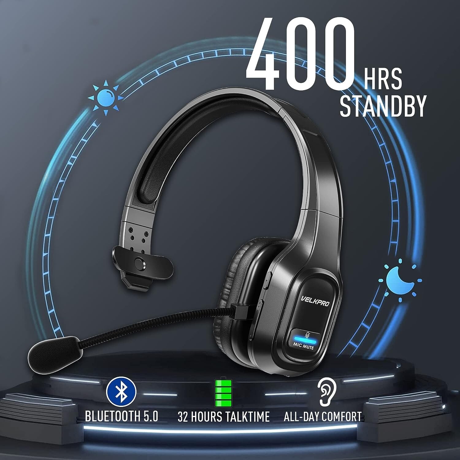 Trucker Bluetooth 5.0 Wireless Headset With Noise Cancelling Mic For Phones PC