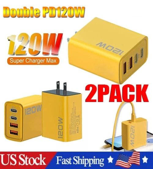 2PCS 120W 4-Port USB C Fast Wall Charger Block All Cell Phone 16 15 13 11 X iPad