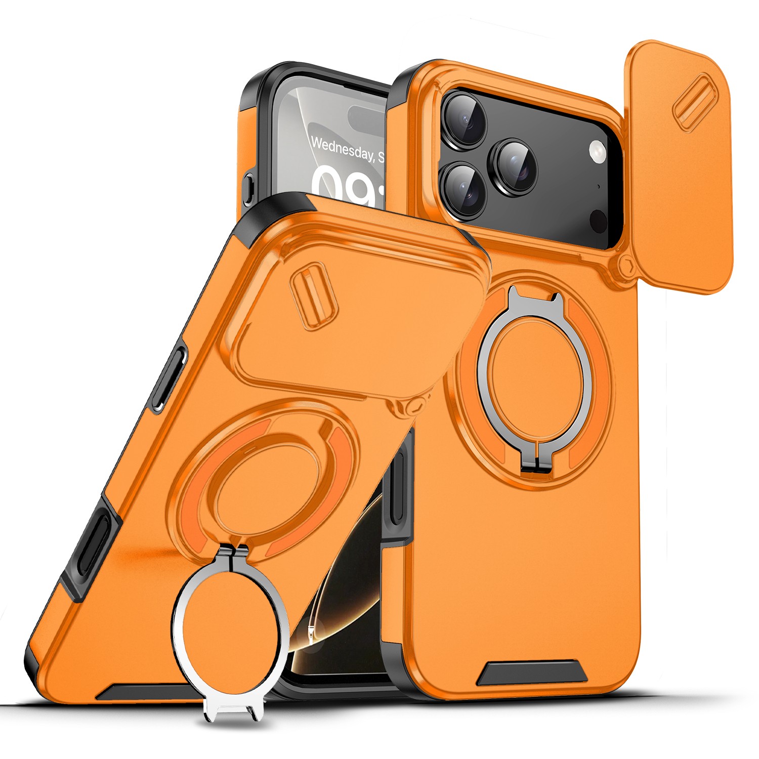 For iPhone 17 16 Pro Max 15 14 13 12 Slide Camera Lens Cover w/ Ring Stand Case