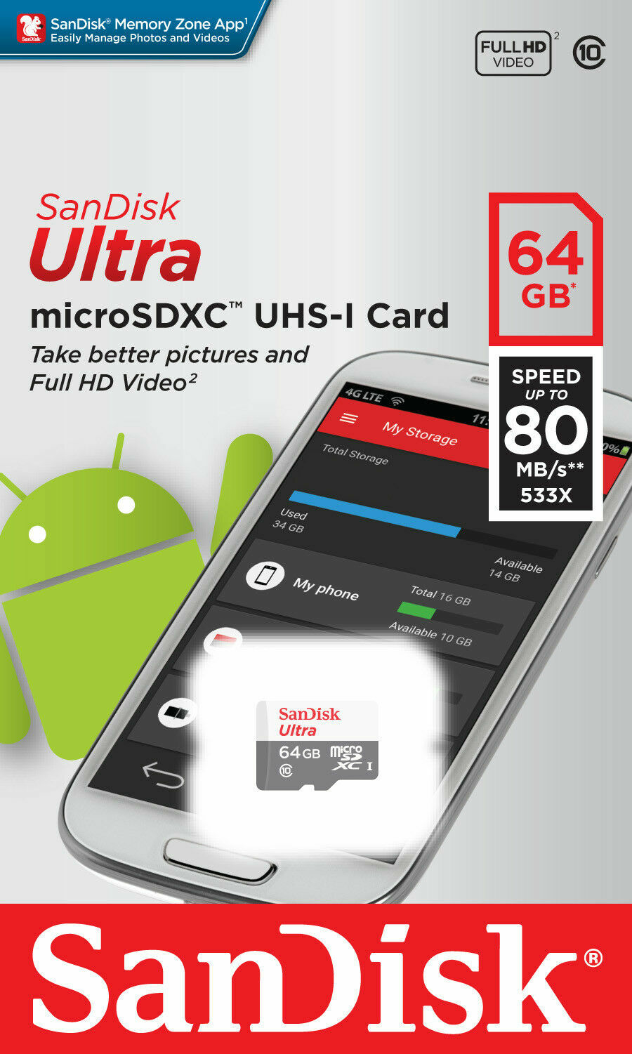 SanDisk 64GB Ultra Class 10 80MB/S 533X MicroSD Micro SDXC UHS-I TF Memory Card