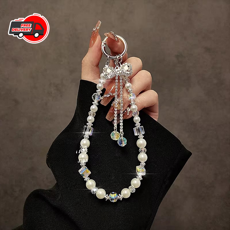 Luxury Diamond Bow Tassel Phone Chain Crystal Beaded Wrist Lanyard Short Holder