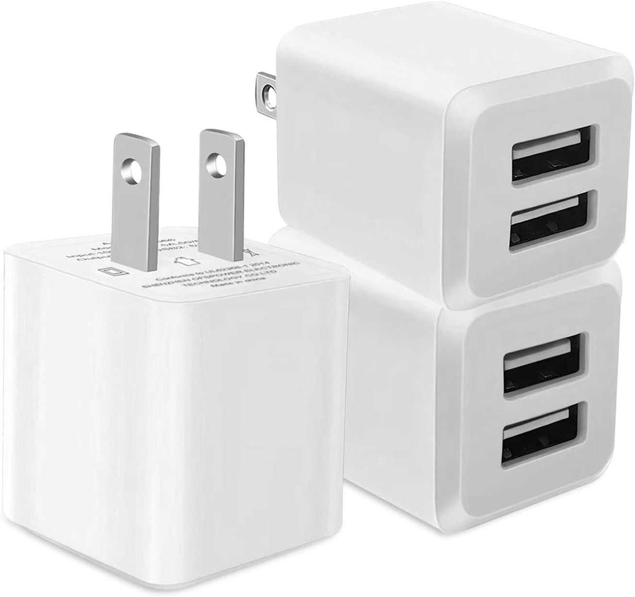 3- Pack, USB Wall Charger, Dual Port USB Cube Power Adapter Charger Plug Block C