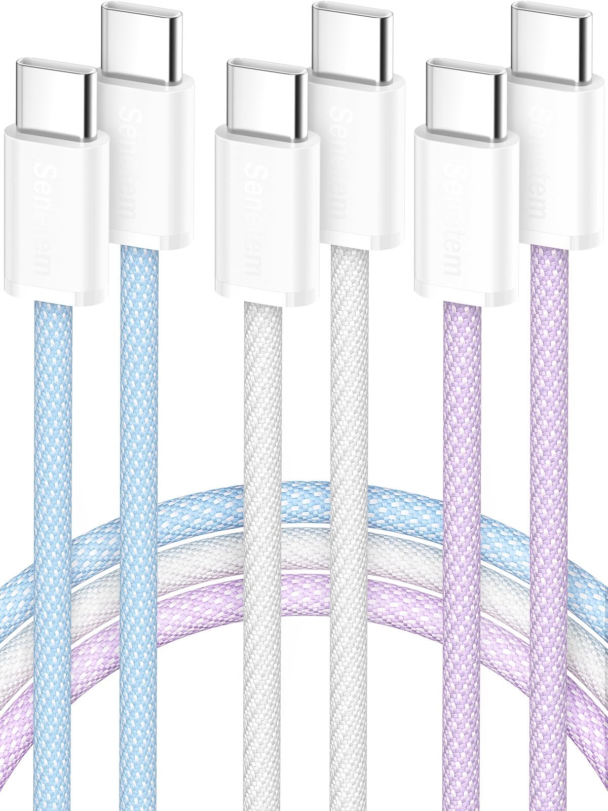 3 Pack 60W USB C to C Cable Fast Charging Braided Cord 3ft 6ft 10ft Blue Wire