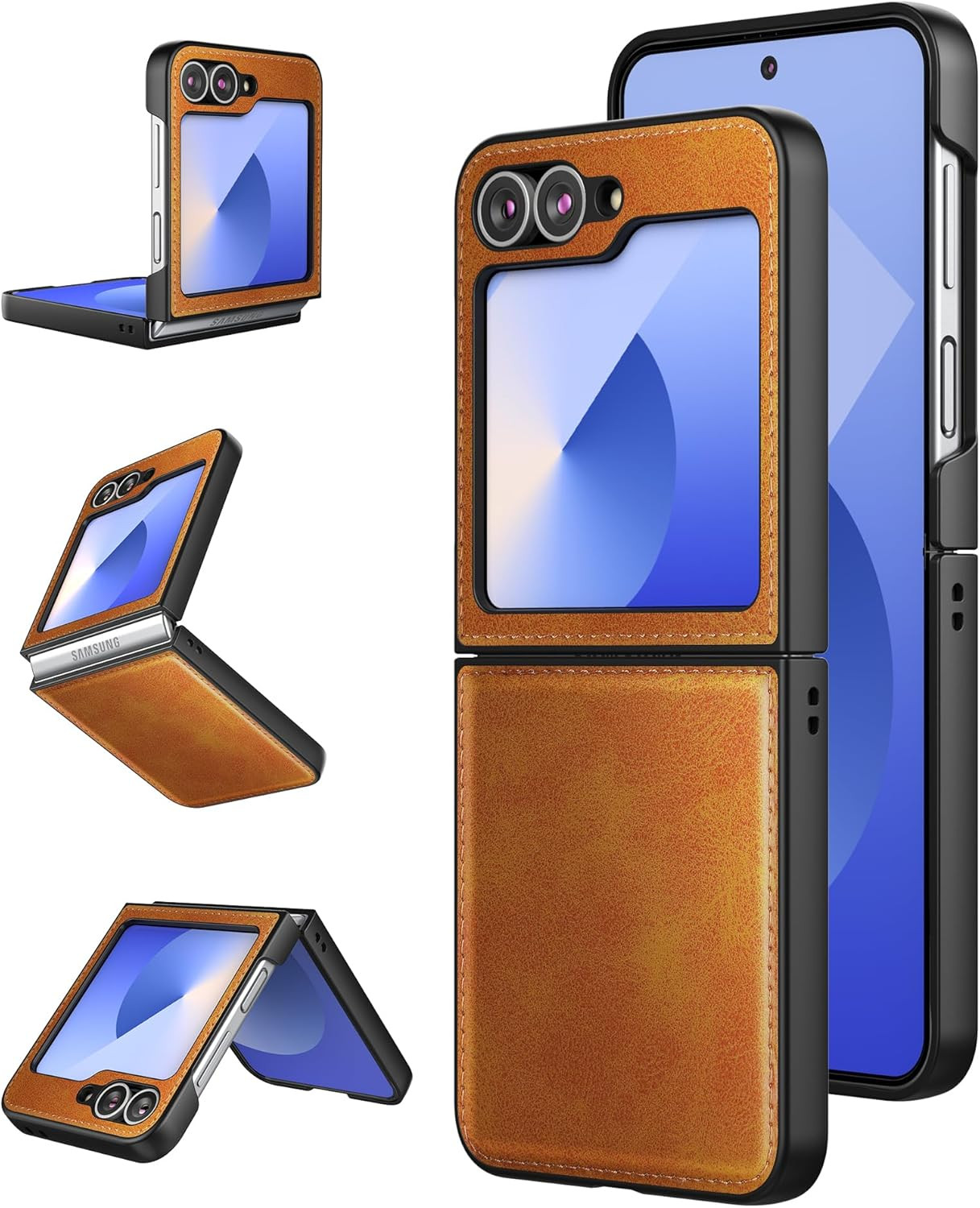 For Samsung Galaxy Z Flip 6 Case PU Leather Hard PC Shell Protective Cover Brown