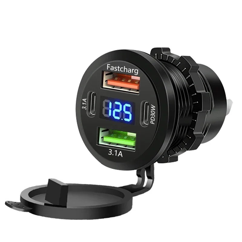 12V-24V PD+QC3.0 Dual USB Car Fast Charger Power Socket Outlet LED Voltmeter