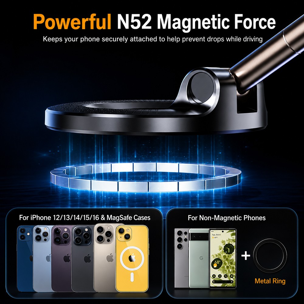 360° Adjustable Magnetic Vacuum Suction Cup Car Phone Holder Mount for MagSafe