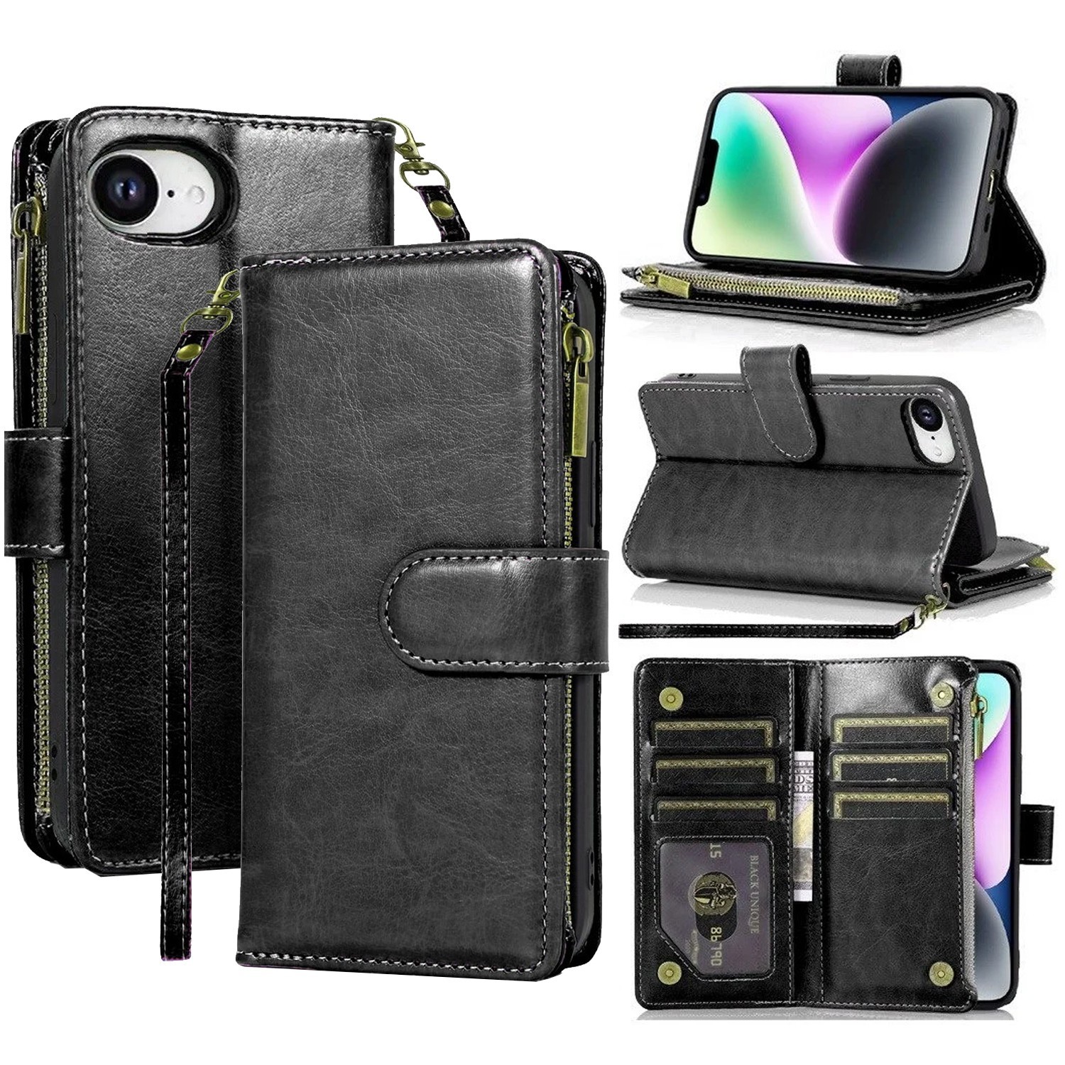 For iPhone 16e/17e Faux leather Case Wallet Card ID Zipper Money Holder Cover