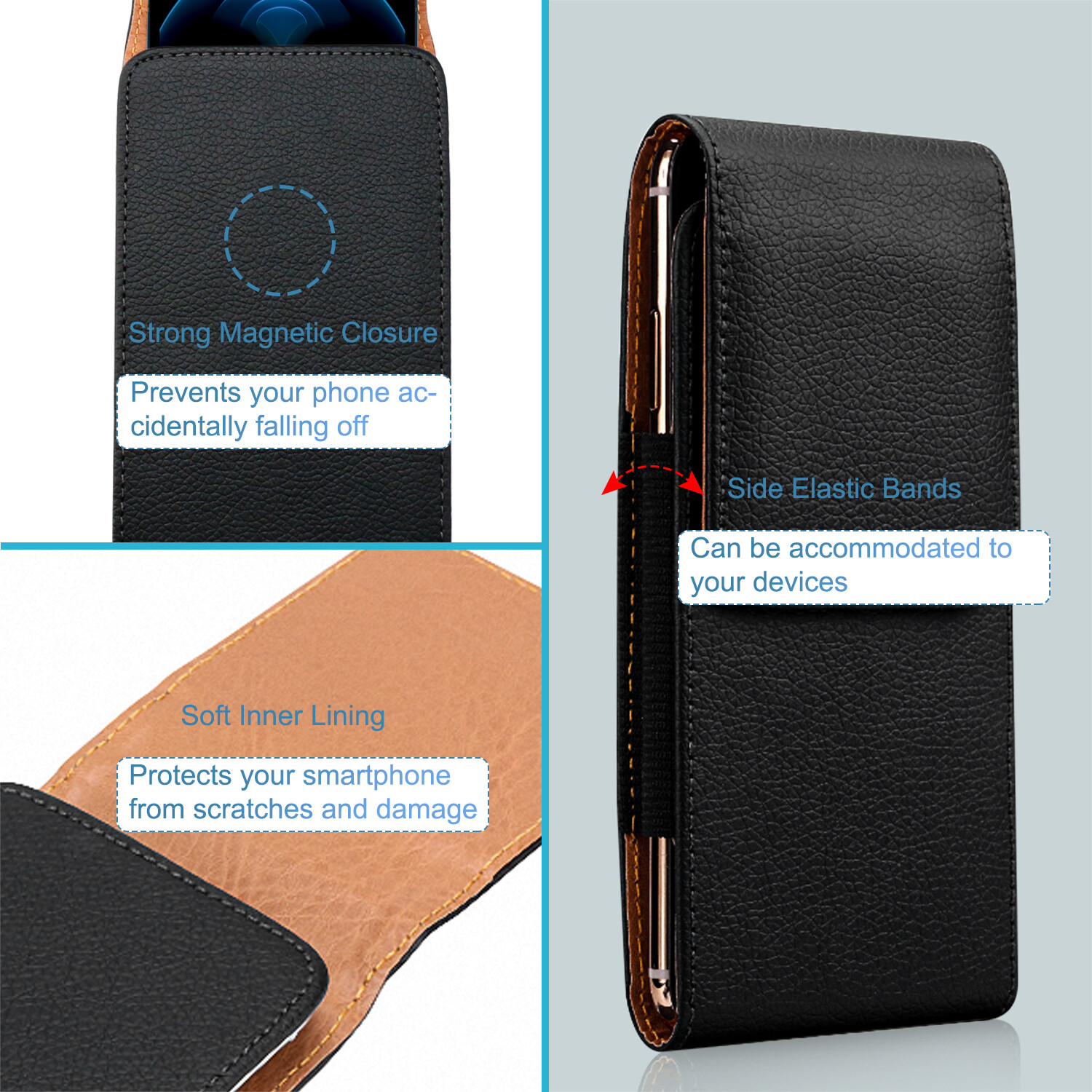 For iPhone 15 14 13 12 11 Pro Max Phone Holster Pouch Leather Belt Clip Case