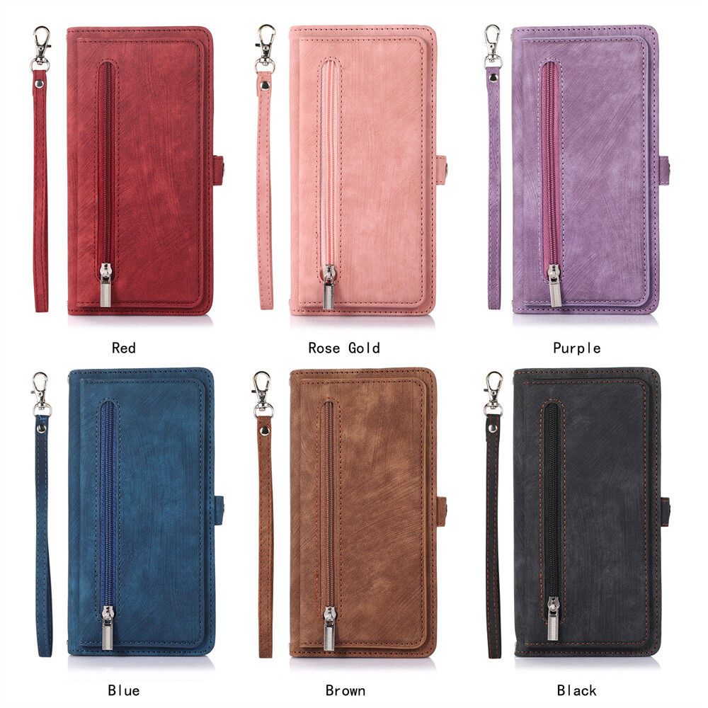For Redmi and Xiaomi “All” Series Zipper Leather Flip Card Wallet Case W/Lanyard