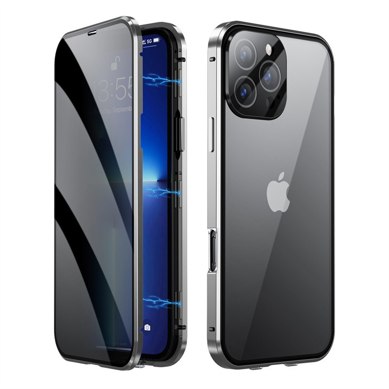 For iPhone 16 Pro Max 15 14 13 Magnetic Metal Privacy Tempered Glass Screen Case
