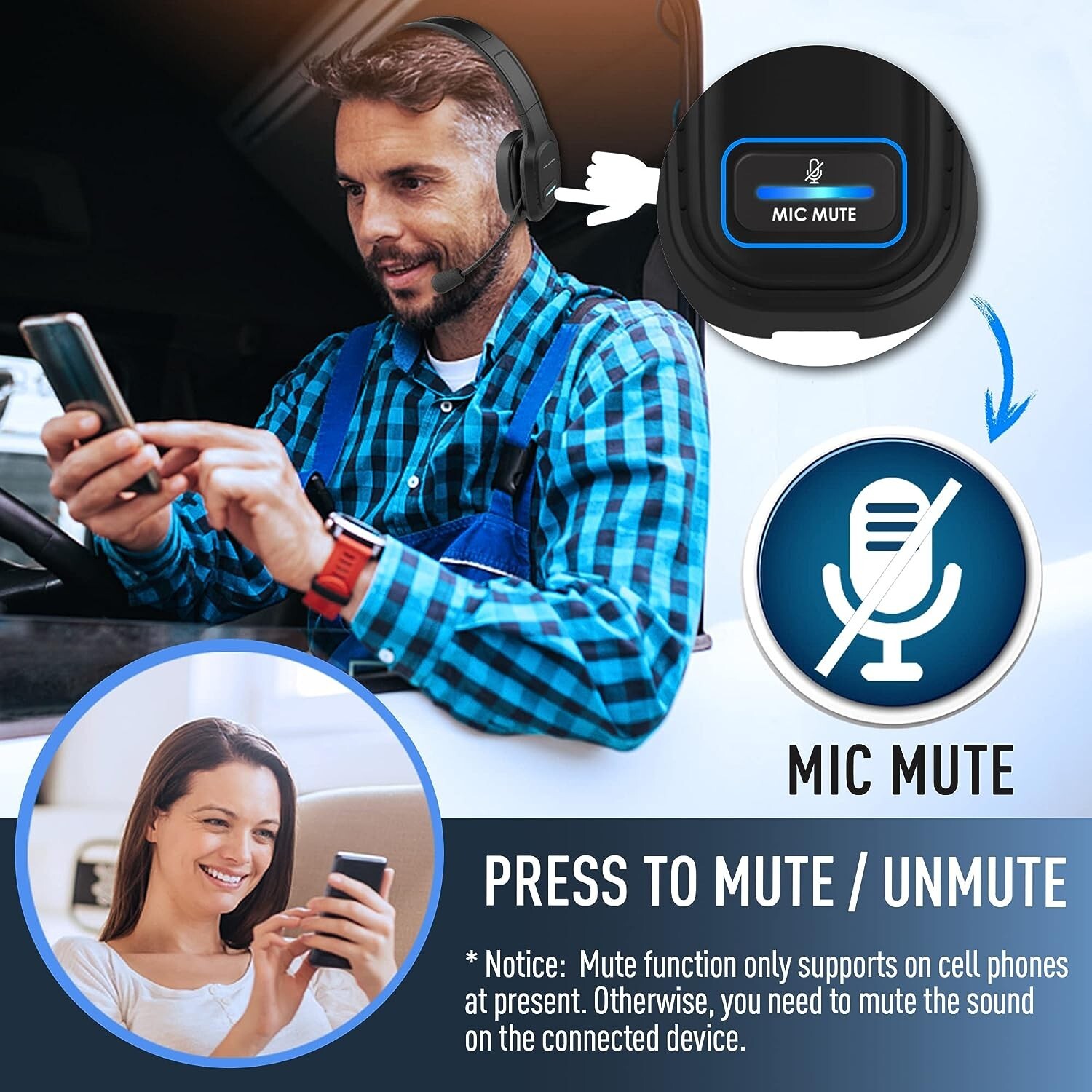 Trucker Bluetooth 5.0 Wireless Headset With Noise Cancelling Mic For Phones PC