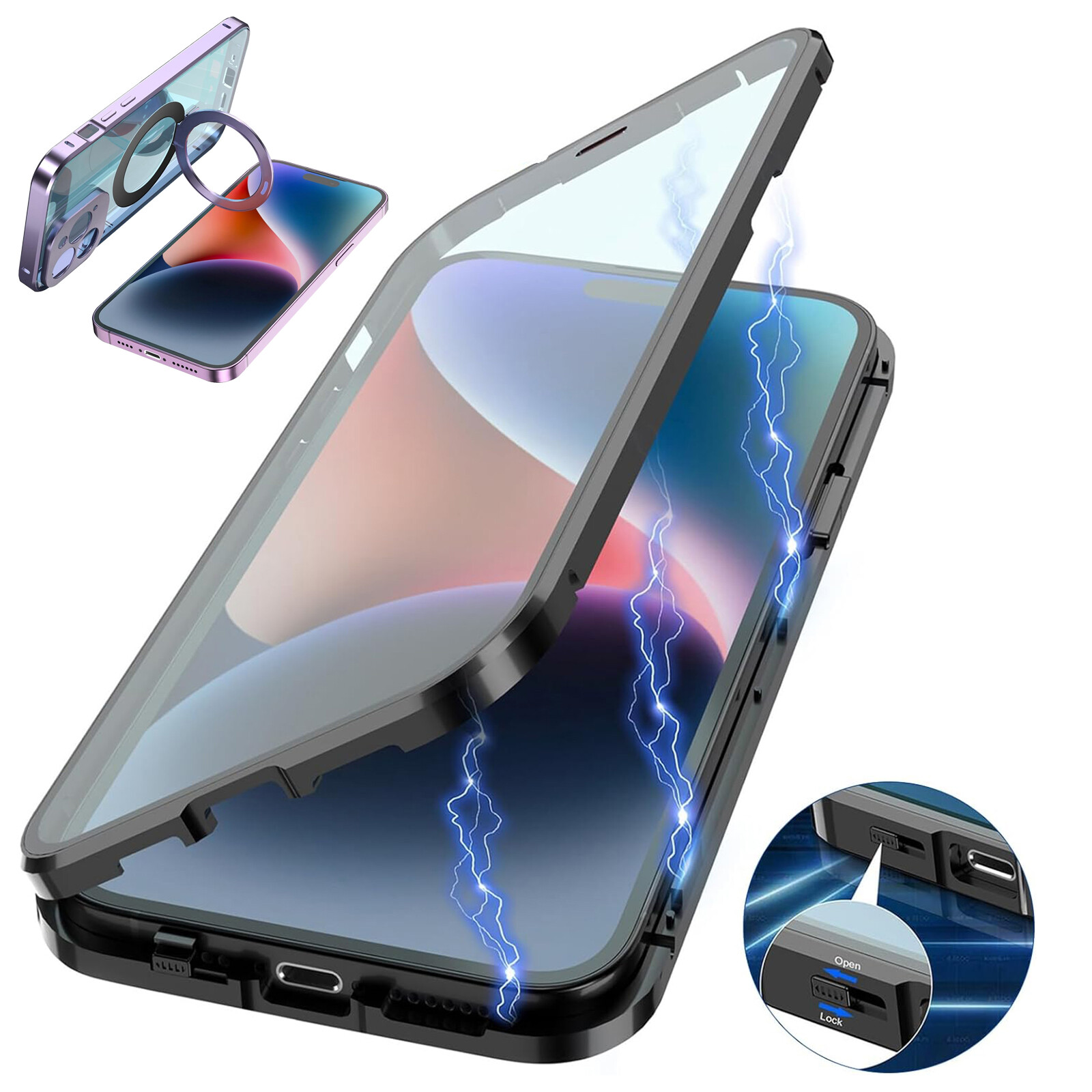 For iPhone15 14 13 12 Pro Max Magnetic Ring MagSafe Case with Screen Protector