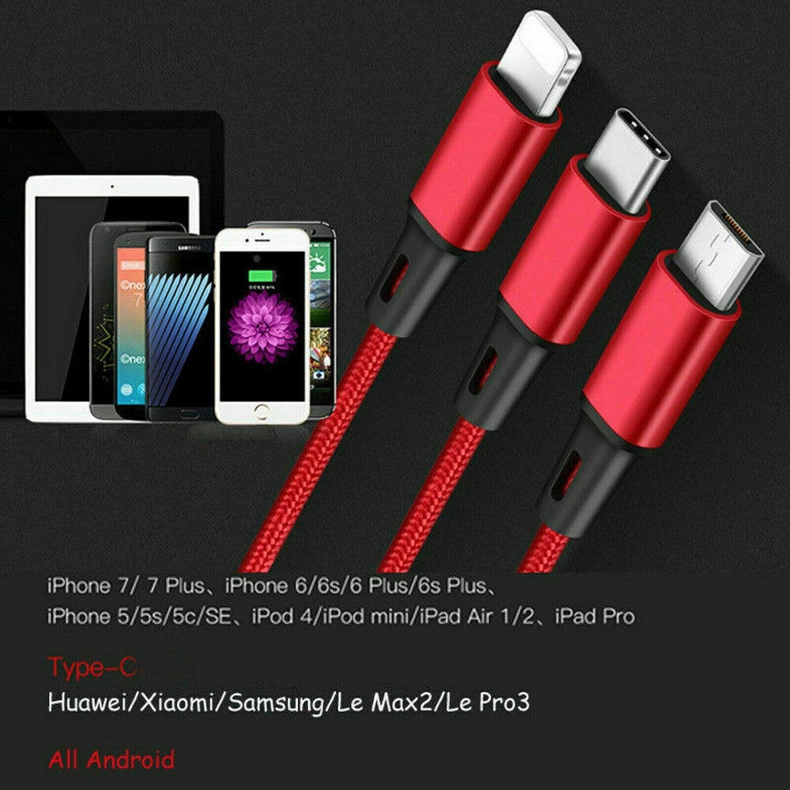 3in1 Fast USB Charging Cable Universal Multi Function iPhone 17 Charger Cord lot