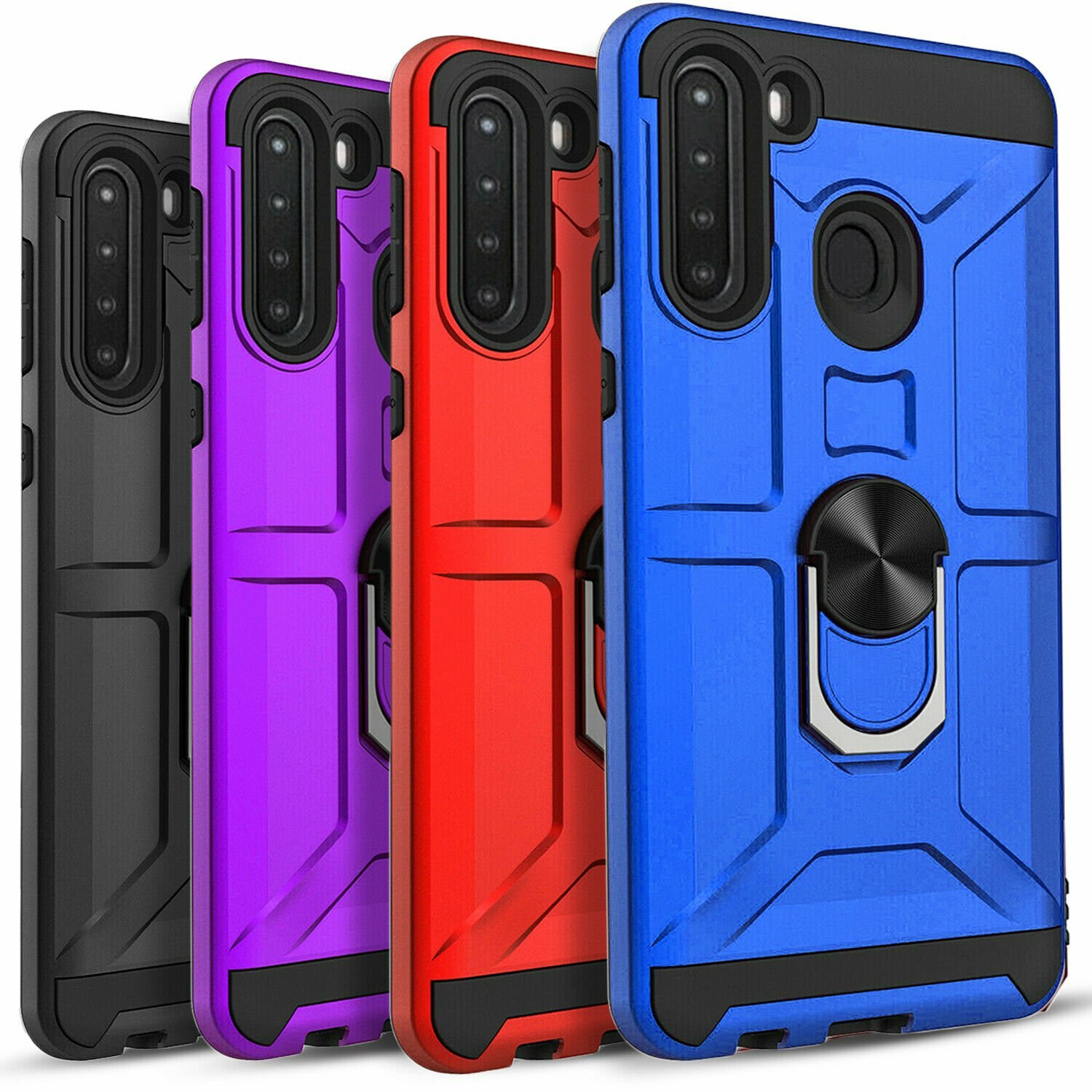 For Samsung Galaxy A21 Case, Metal Ring Kickstand + Tempered Glass Protector