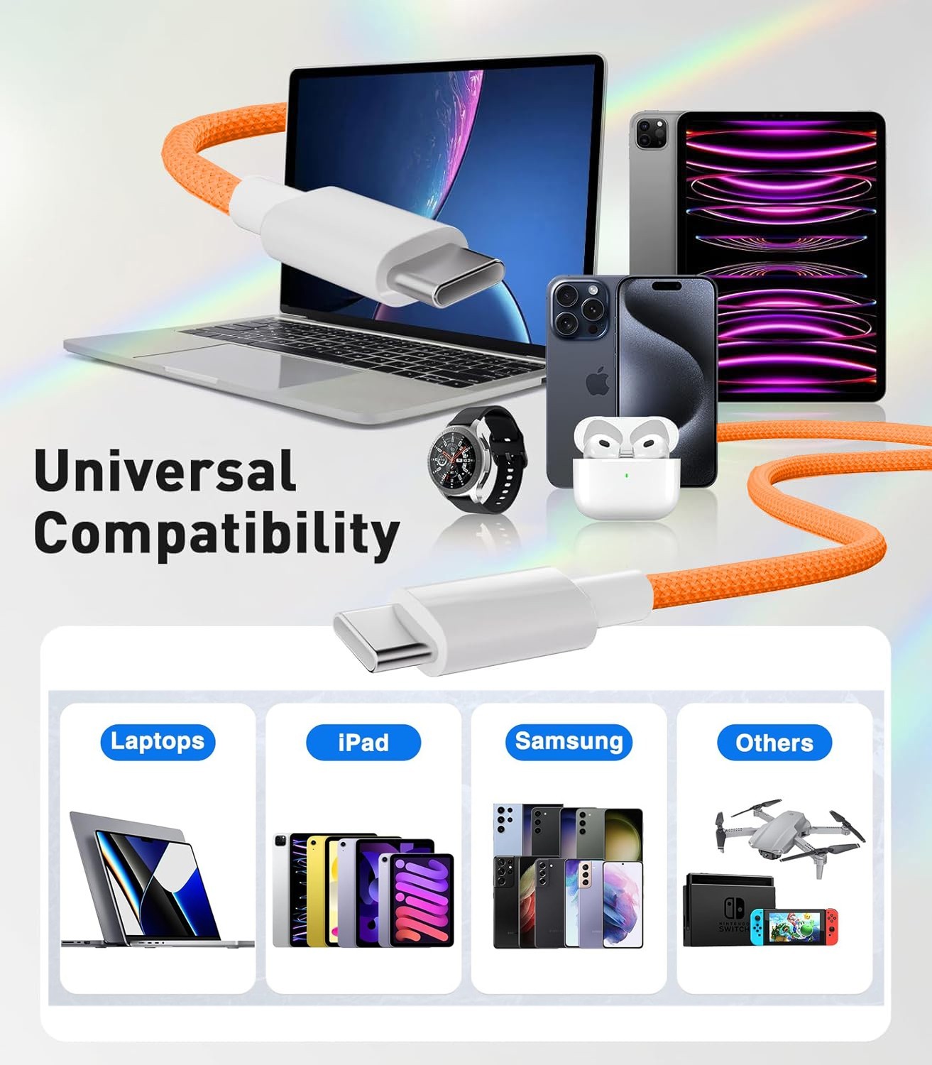 USB-C Fast Charger Charging Cable Cord for iPhone 17 Pro Max Air /15 / 16 Orange