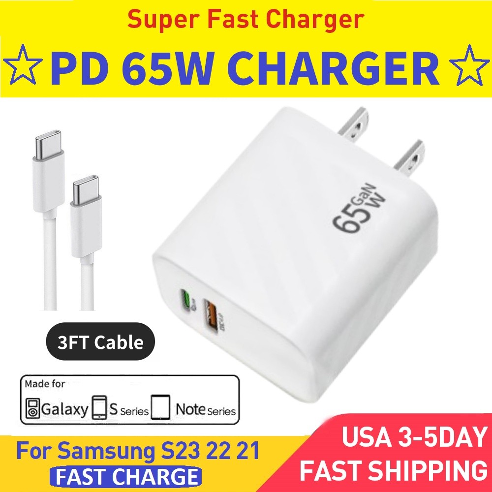 Super 65W PD Power Adapter Duo Wall Charger+USB-C Cables For Samsung S23 S22 S21