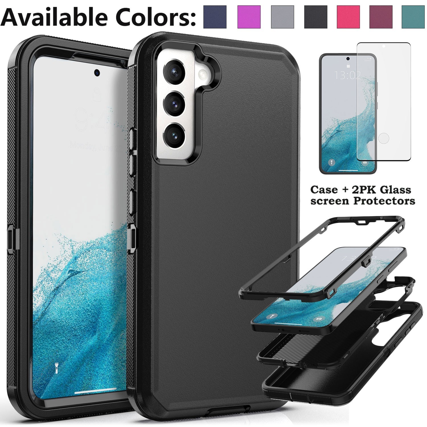 For Samsung Galaxy S22+ Plus Case, Rugged Shockproof Cover with Tempered Glass