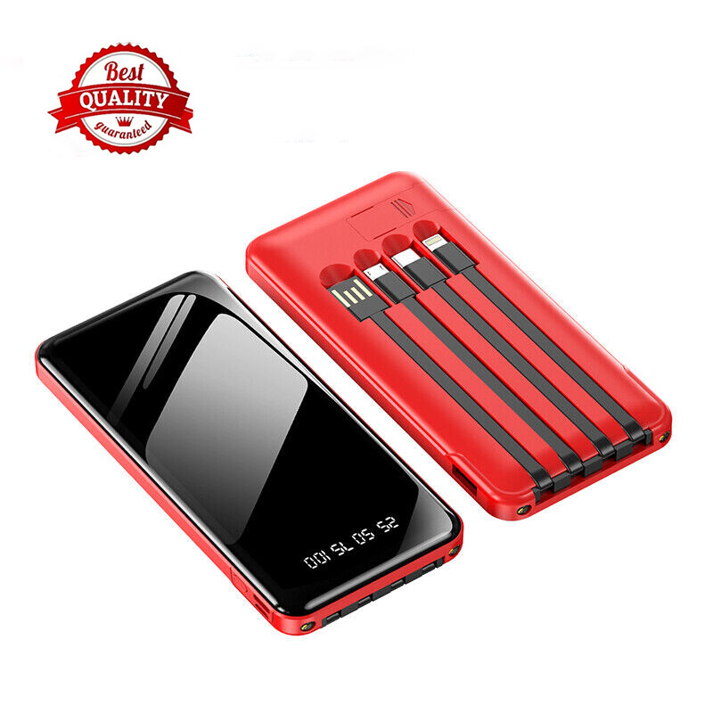 Portable Power Bank 20000mAh Fast Charging Battery with 4 Built in Cables Red US
