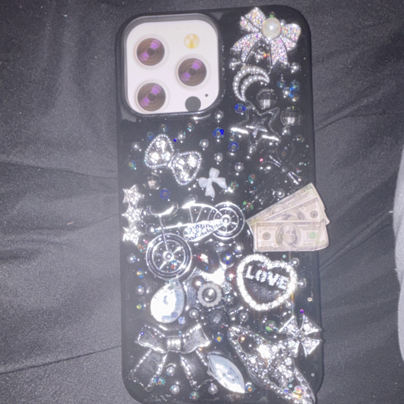 Black Silver Jewelled Patterned Love Bow Acrylic Back Case for iPhone 13 Pro