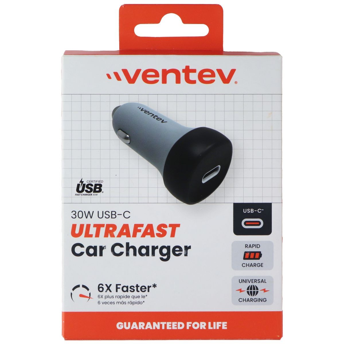 Ventev (30W) Single Port Ultra Fast USB-C Universal Car Charger – Gray/Black