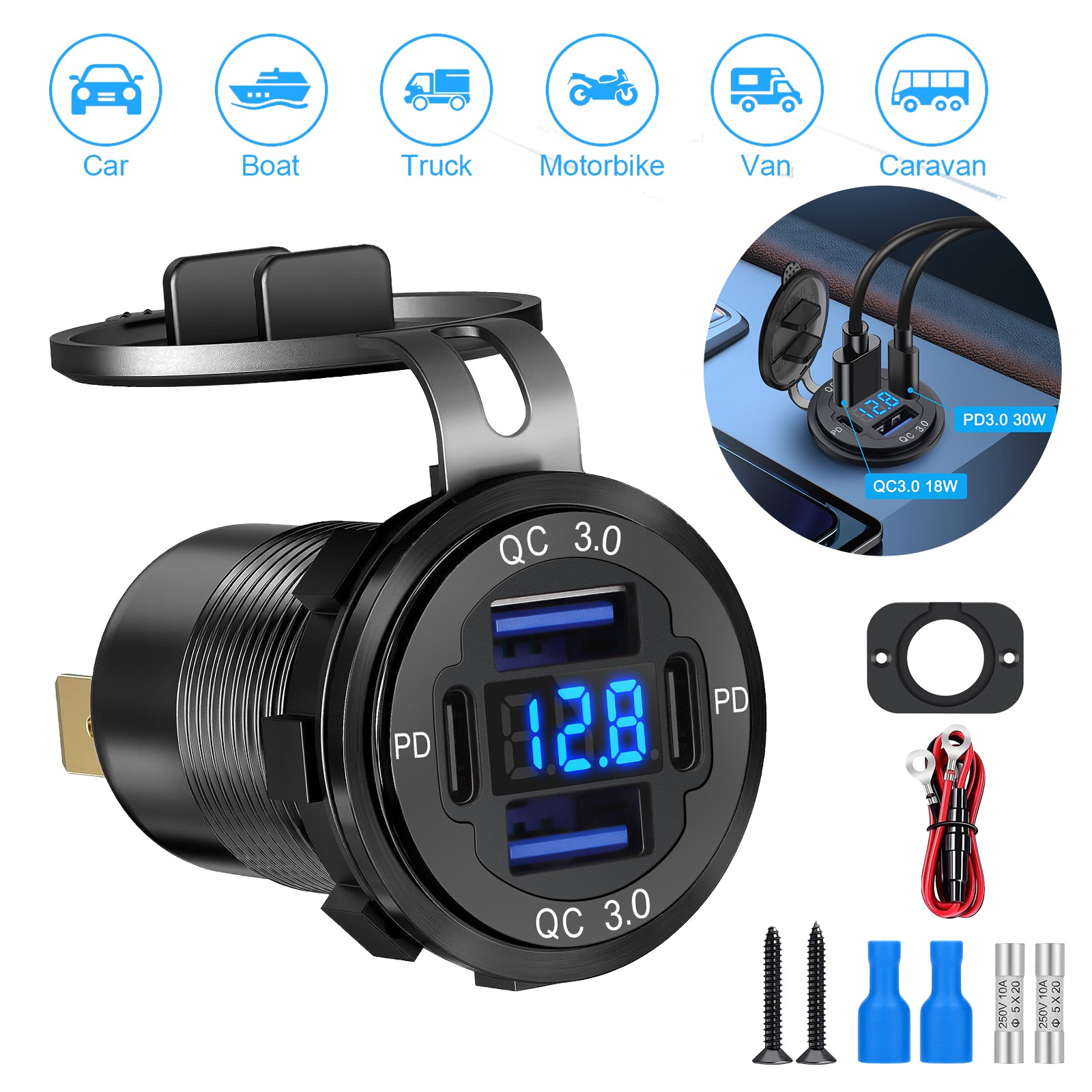 12-24V 4 Port Fast Car Charger QC3.0 & PD USB C Outlet Socket for Boat RV Marine