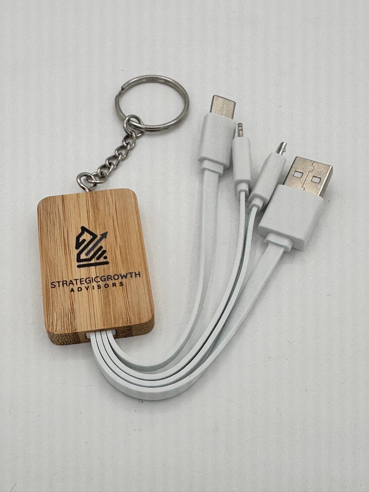 3-in-one Bamboo Charging Cable Keychain: USB-C, Micro USB, USB 3.0, 8-pin
